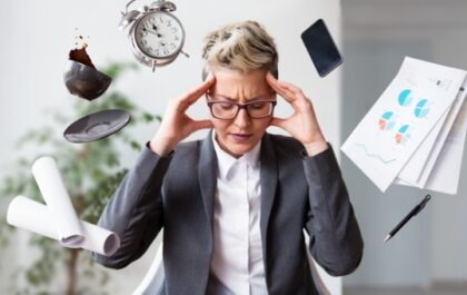 Business person with clocks and clutter floating all around her