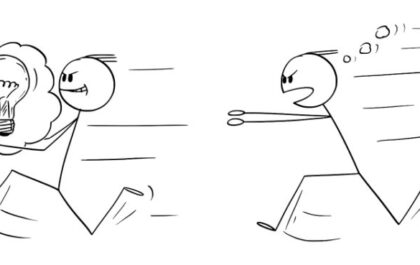 Cartoon image of two stick figures running with one person stealing a lightbulb