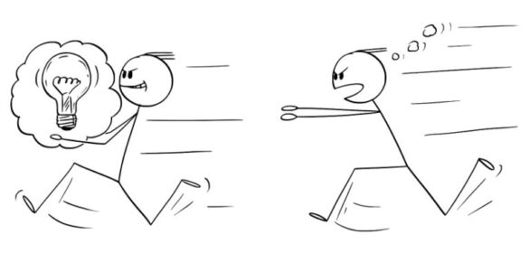 Cartoon image of two stick figures running with one person stealing a lightbulb