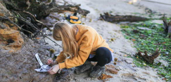Final year female Geology student taking coastal rock samples and marking sample bags on the South of England as part of her final year Geology dissertation on sea level changes in the UK